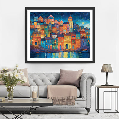 Cartoon Buildings by the Sea Diamond Painting