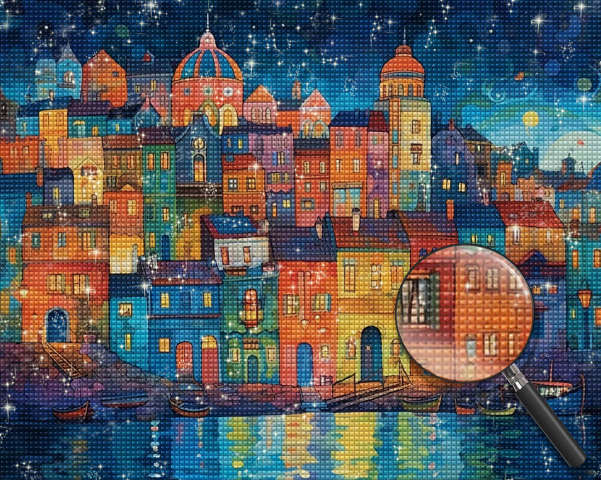 Cartoon Buildings by the Sea Diamond Painting