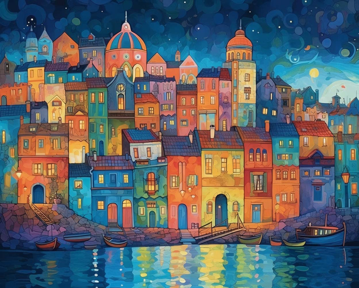 Cartoon Buildings by the Sea Diamond Painting