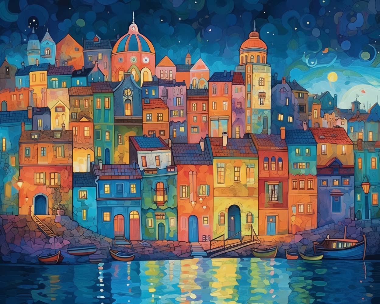 Cartoon Buildings by the Sea Diamond Painting