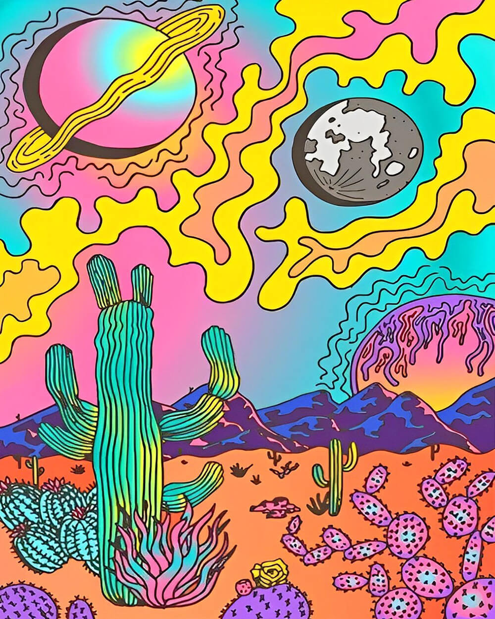 Cartoon Cactus and Planet Diamond Painting