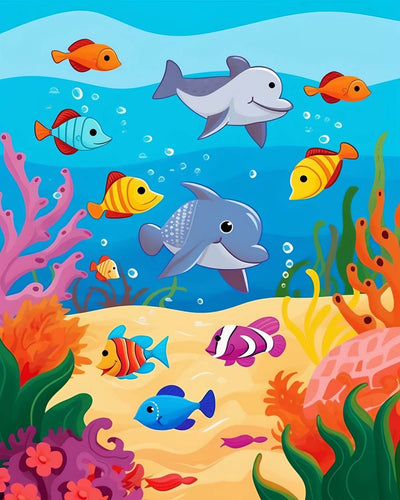 Cartoon Dolphins and Fish Diamond Painting