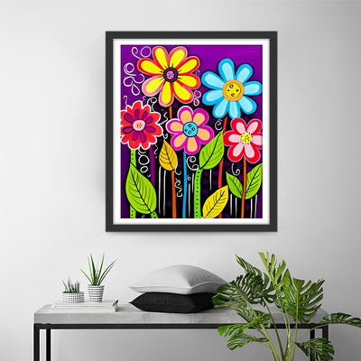 Cartoon Flowers on Purple Background Diamond Painting