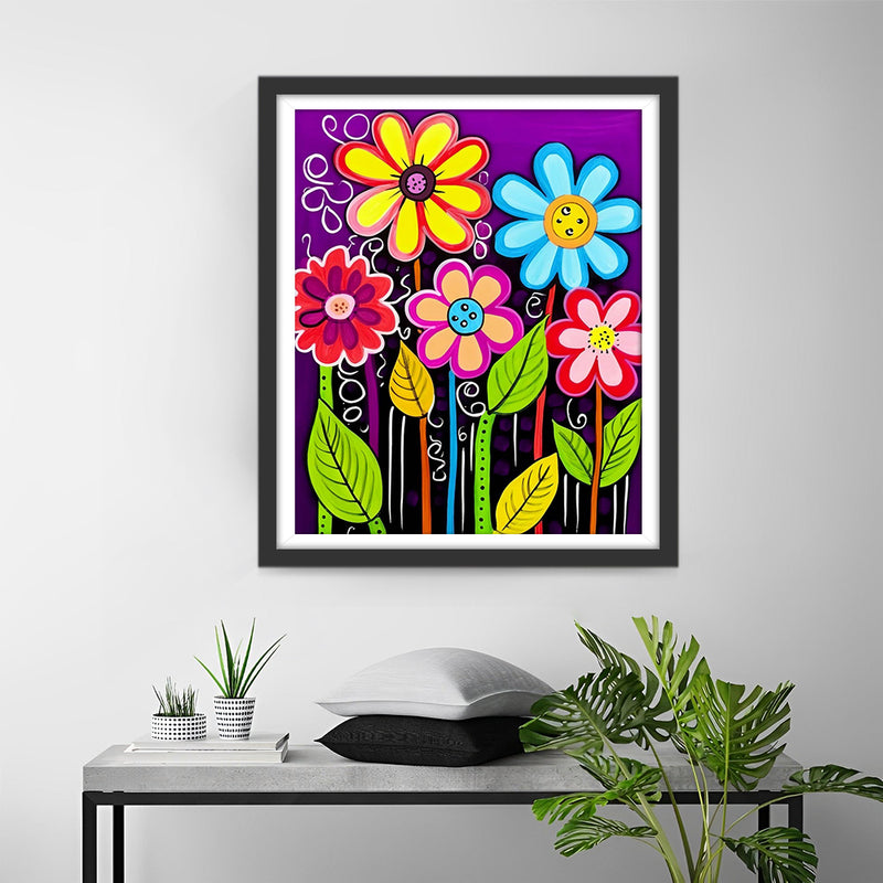 Cartoon Flowers on Purple Background Diamond Painting