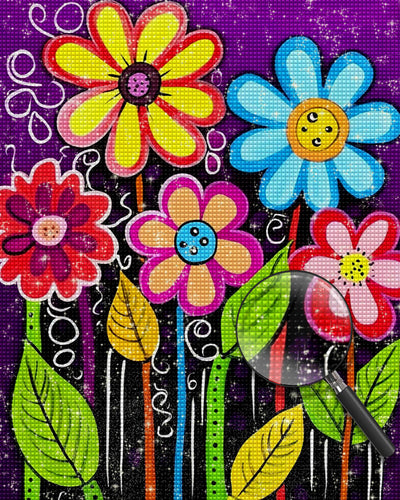 Cartoon Flowers on Purple Background Diamond Painting