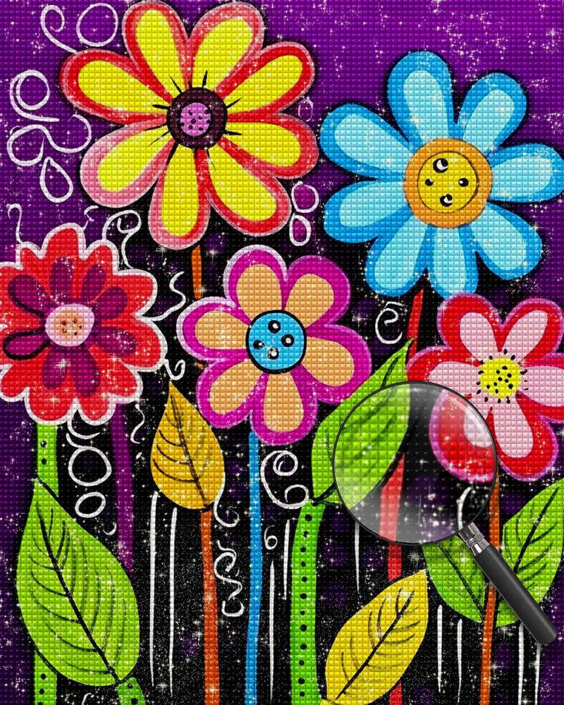 Cartoon Flowers on Purple Background Diamond Painting