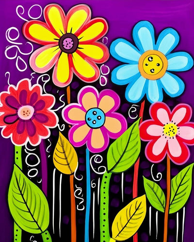 Cartoon Flowers on Purple Background Diamond Painting