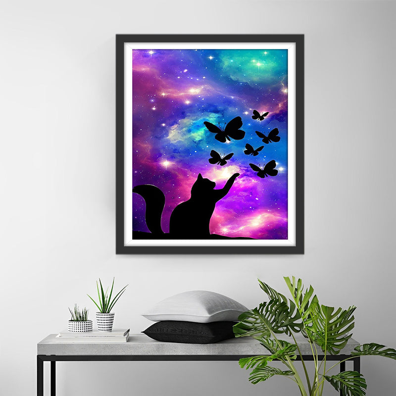 Cat and Butterflies under the Aurora Diamond Painting