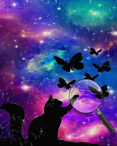 Cat and Butterflies under the Aurora Diamond Painting