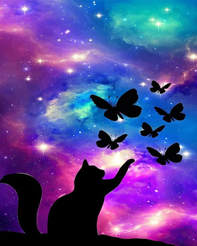 Cat and Butterflies under the Aurora Diamond Painting