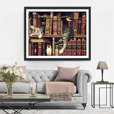 Cat on Bookshelf Diamond Painting