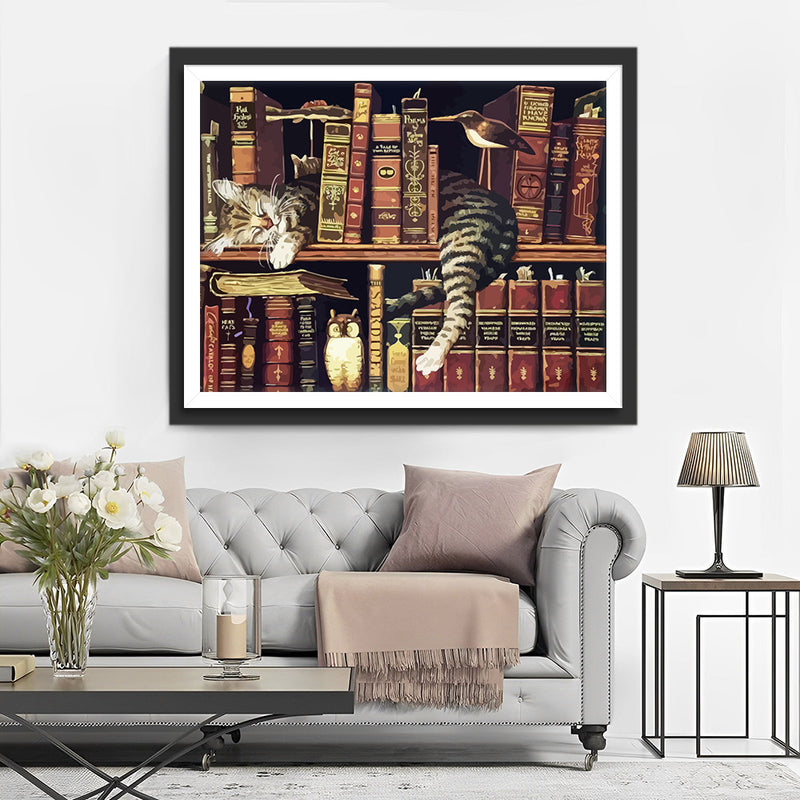 Cat on Bookshelf Diamond Painting