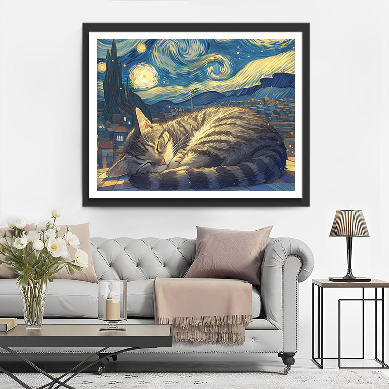 Cat Sleeping under the Starry Sky Diamond Painting