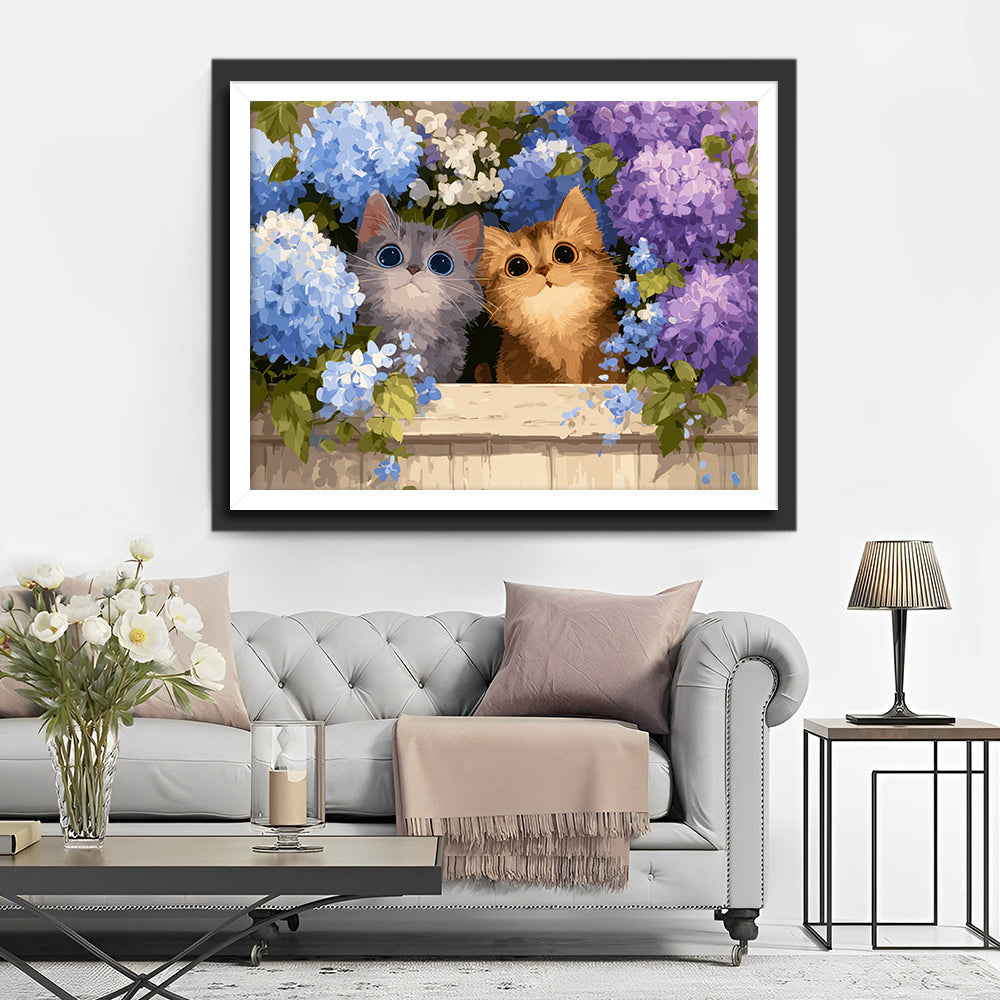 Cats Hiding in the Hydrangea Bushes Diamond Painting
