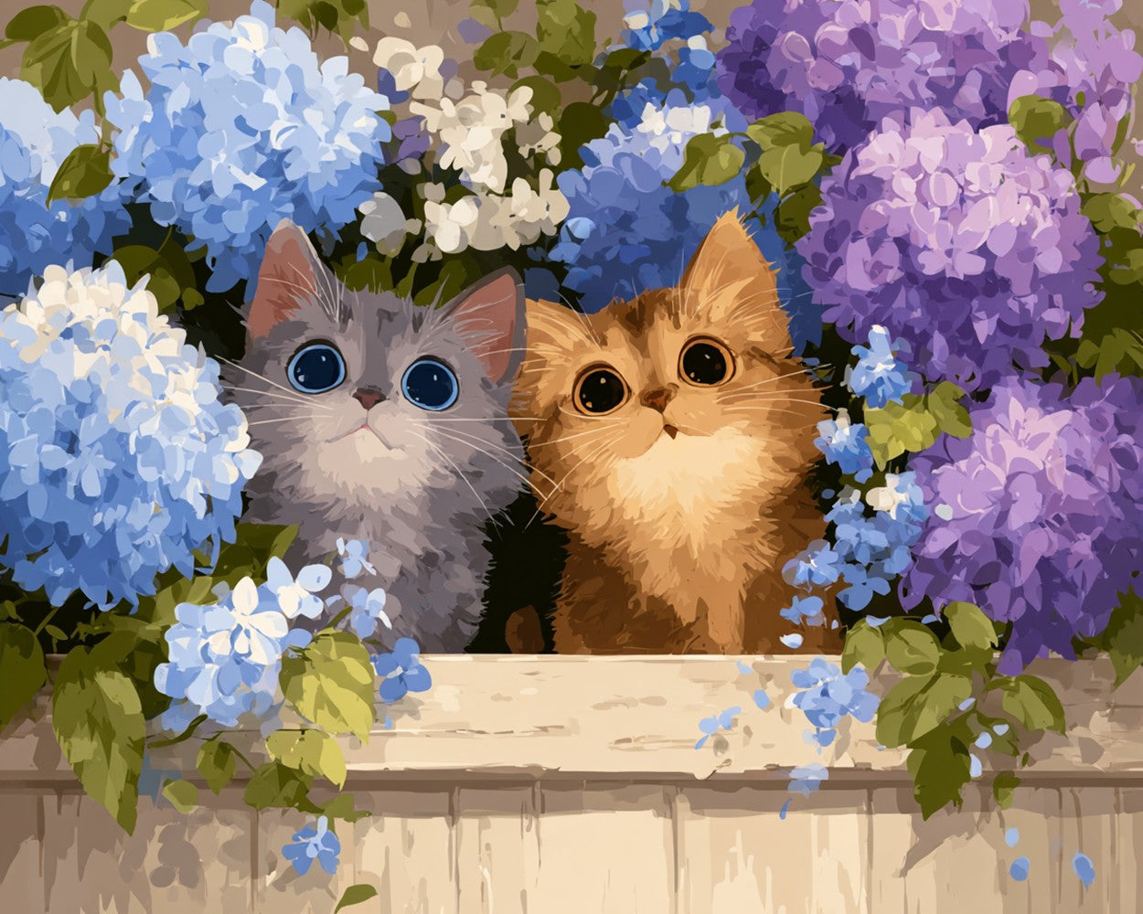 Cats Hiding in the Hydrangea Bushes Diamond Painting