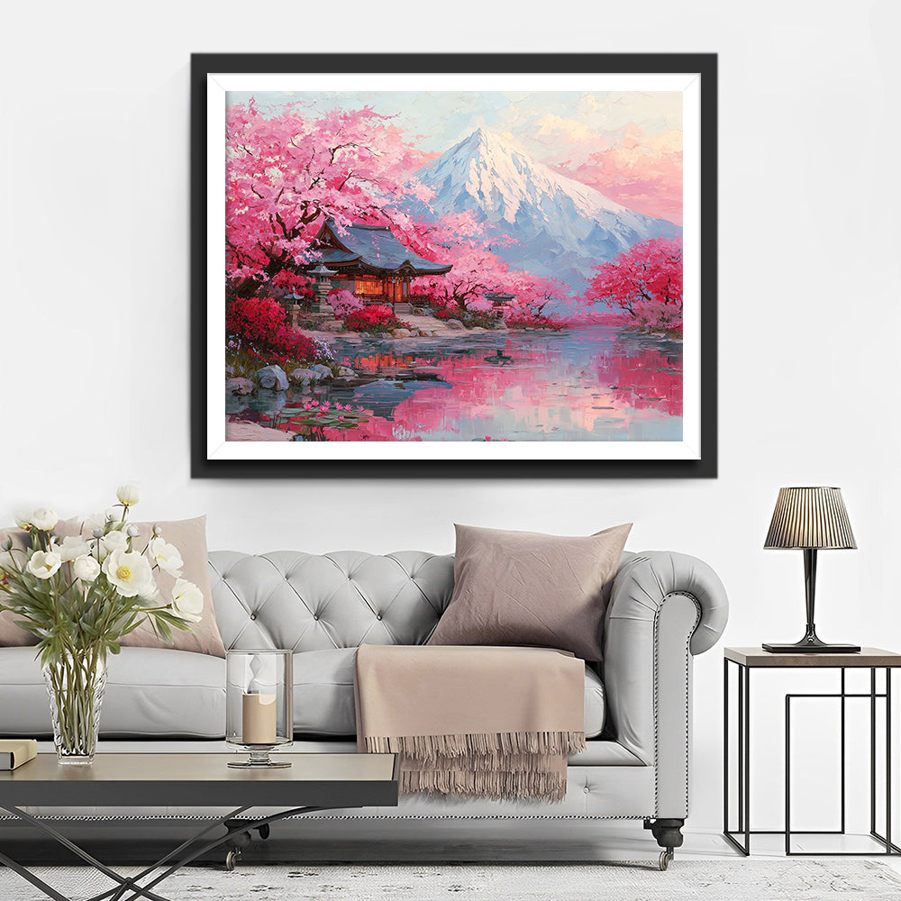 Cherry Blossoms Blooming beside the Snow-Capped Mountain Diamond Painting
