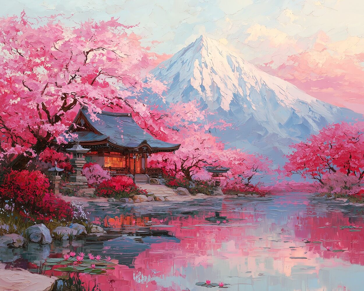 Cherry Blossoms Blooming beside the Snow-Capped Mountain Diamond Painting
