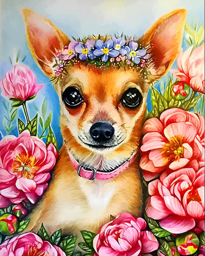 Chihuahua among Pink Peonies Diamond Painting