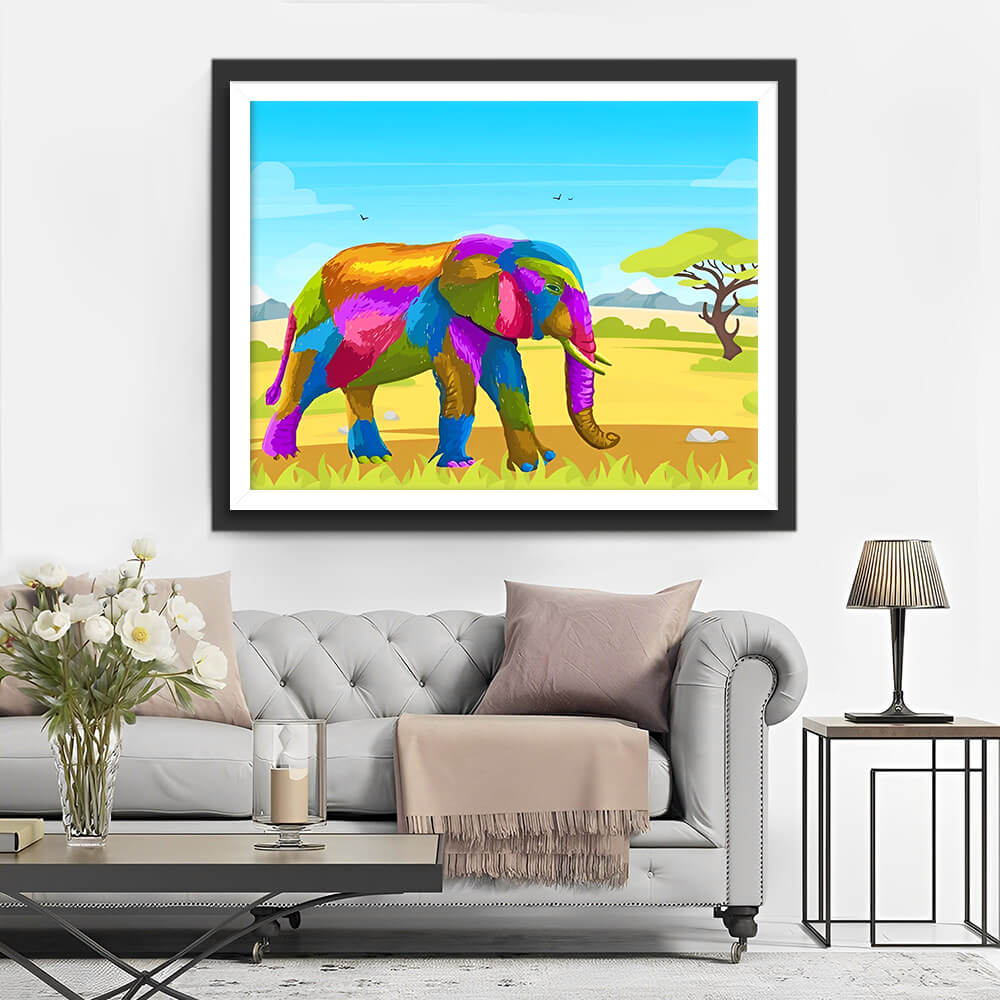 Colorful Cartoon Elephant on the Grassland Diamond Painting