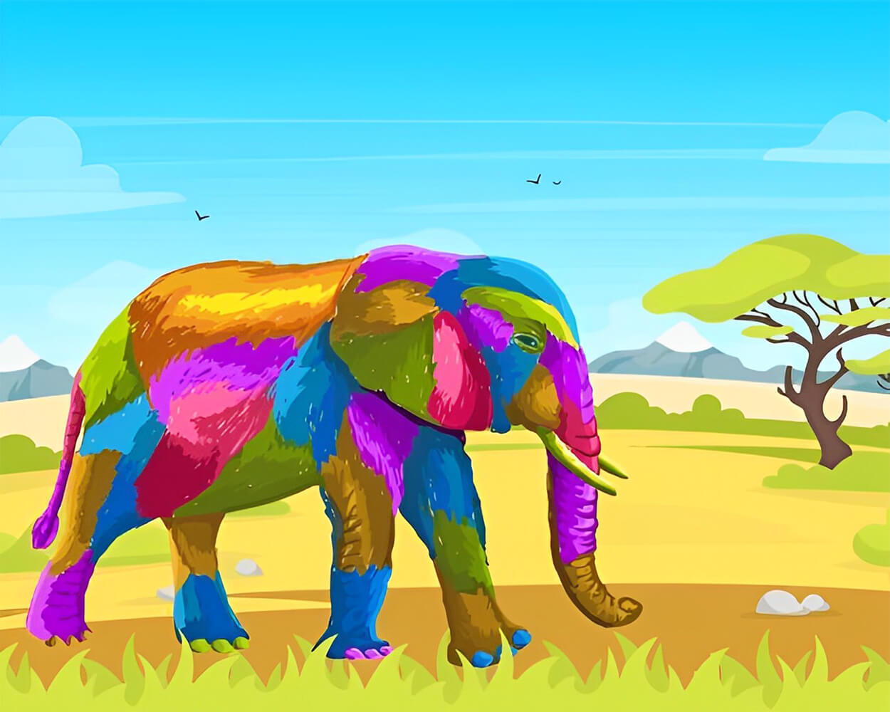 Colorful Cartoon Elephant on the Grassland Diamond Painting