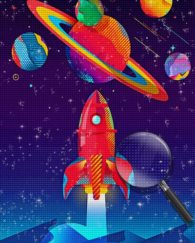 Colorful Cartoon Planets and Rocket Diamond Painting
