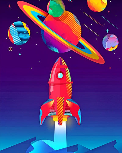 Colorful Cartoon Planets and Rocket Diamond Painting