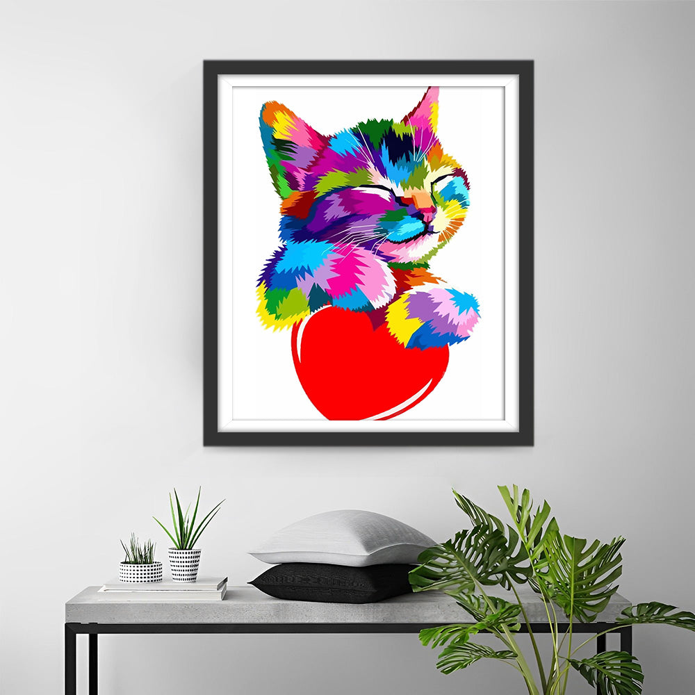 Colorful Cat Holding a Love Heart Diamond Painting