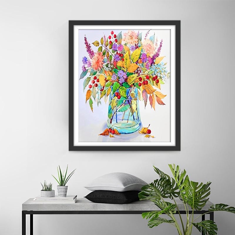 Colorful Flowers and Leaves in a Glass Diamond Painting