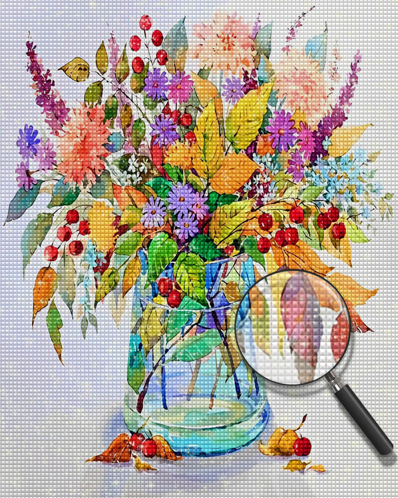 Colorful Flowers and Leaves in a Glass Diamond Painting