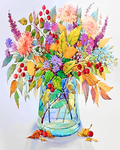 Colorful Flowers and Leaves in a Glass Diamond Painting
