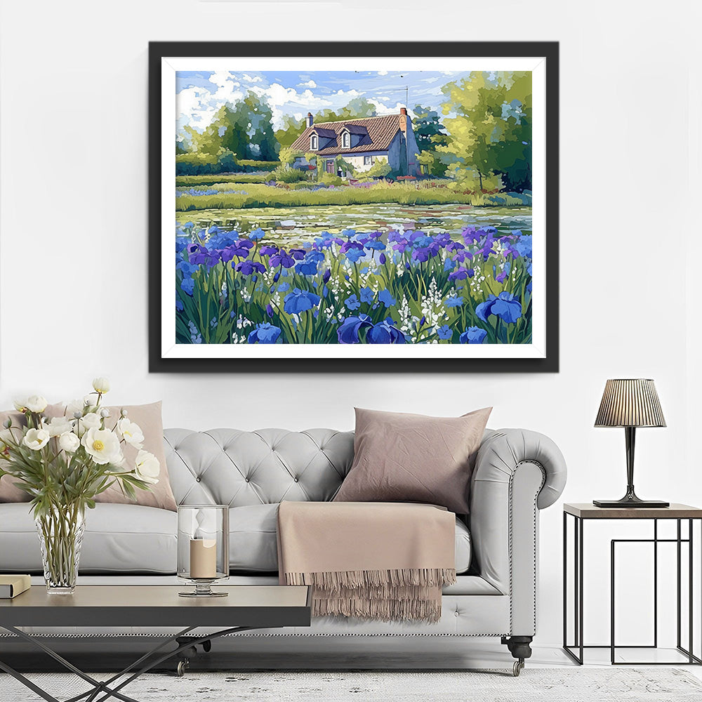 Country House and Iris Flowers Diamond Painting