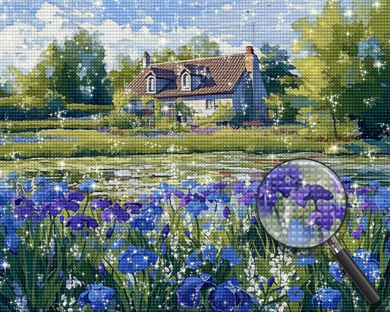 Country House and Iris Flowers Diamond Painting