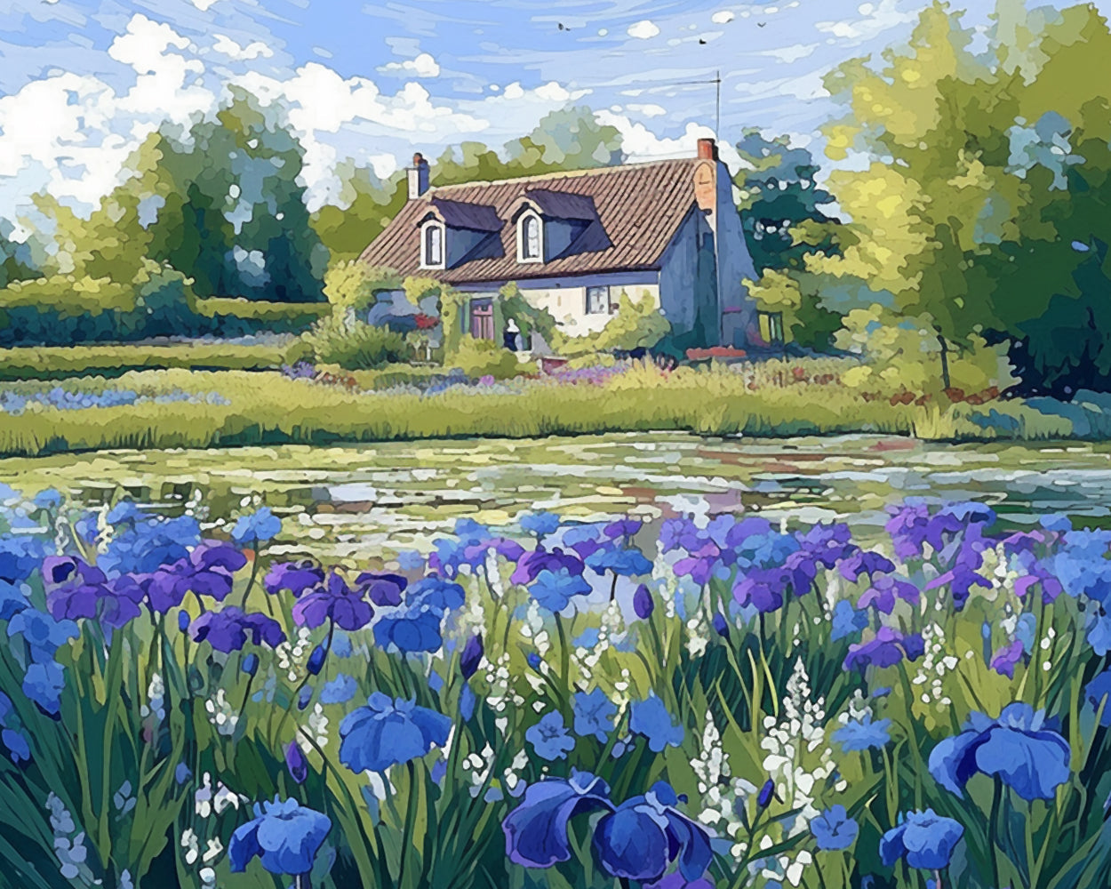 Country House and Iris Flowers Diamond Painting