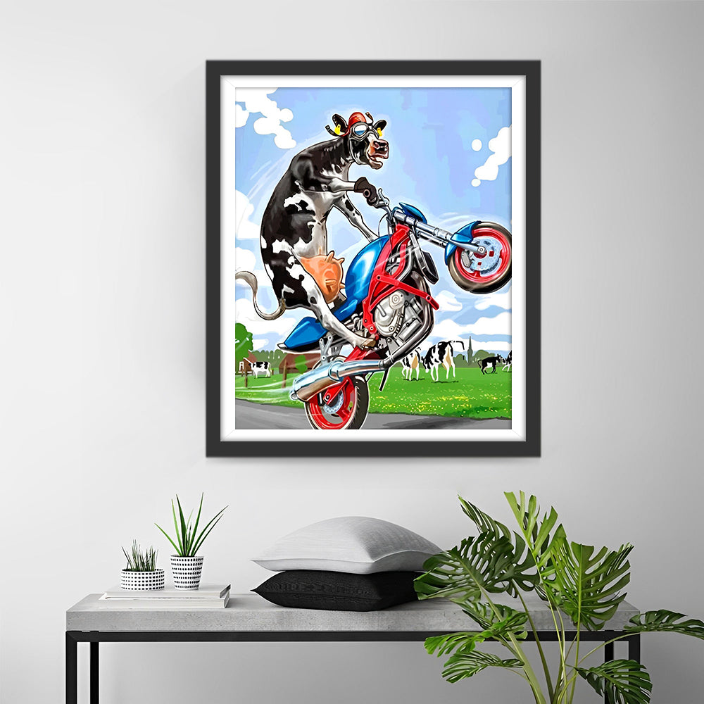 Cow Riding Motorcycle Diamond Painting