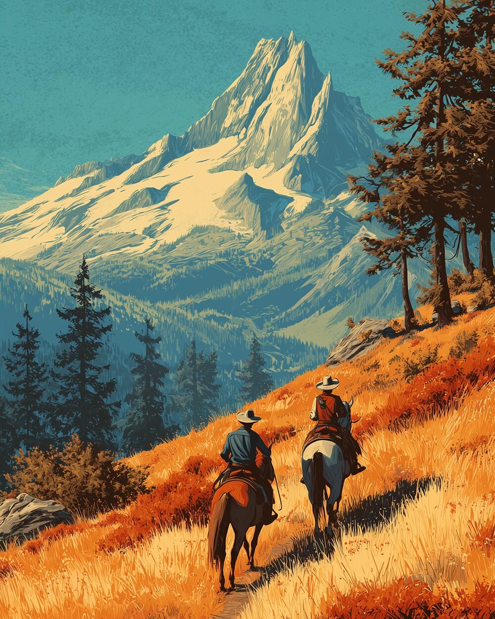Cowboys Riding Horses in the Mountains Diamond Painting