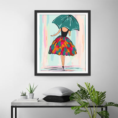 Cute Woman Holding a Green Umbrella Diamond Painting