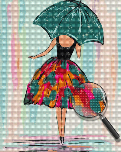 Cute Woman Holding a Green Umbrella Diamond Painting