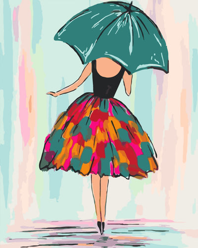 Cute Woman Holding a Green Umbrella Diamond Painting