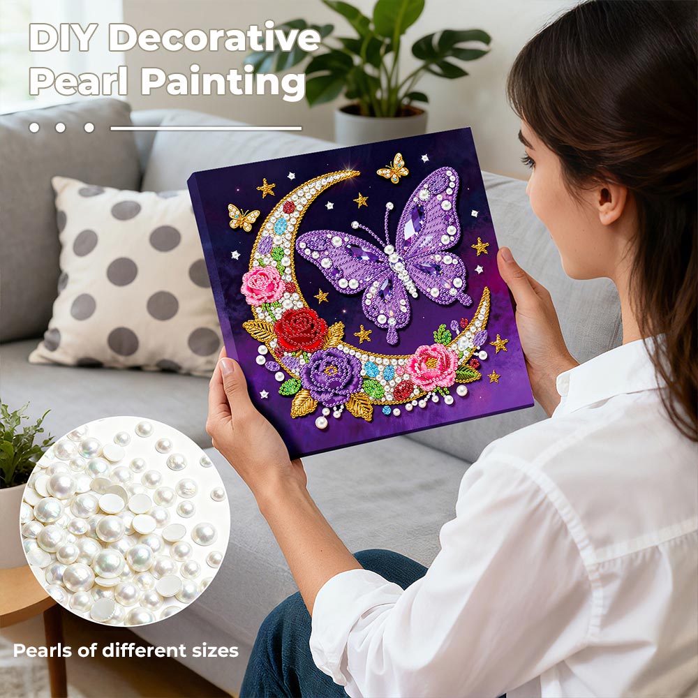 Diamond Painting | Pearl Painting | Butterflies, Flowers and Crescent Moon