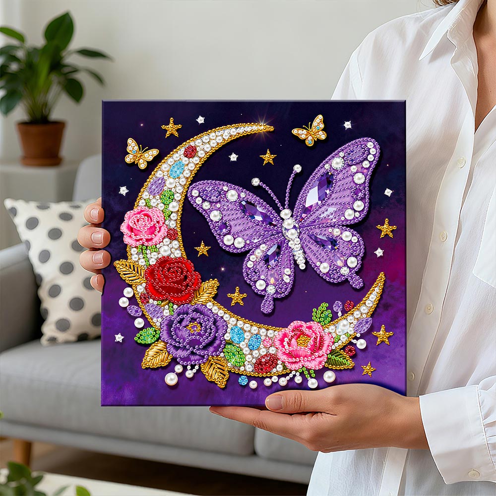 Diamond Painting | Pearl Painting | Butterflies, Flowers and Crescent Moon