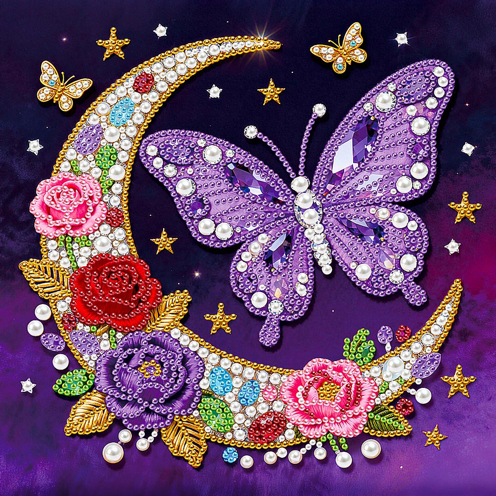 Diamond Painting | Pearl Painting | Butterflies, Flowers and Crescent Moon