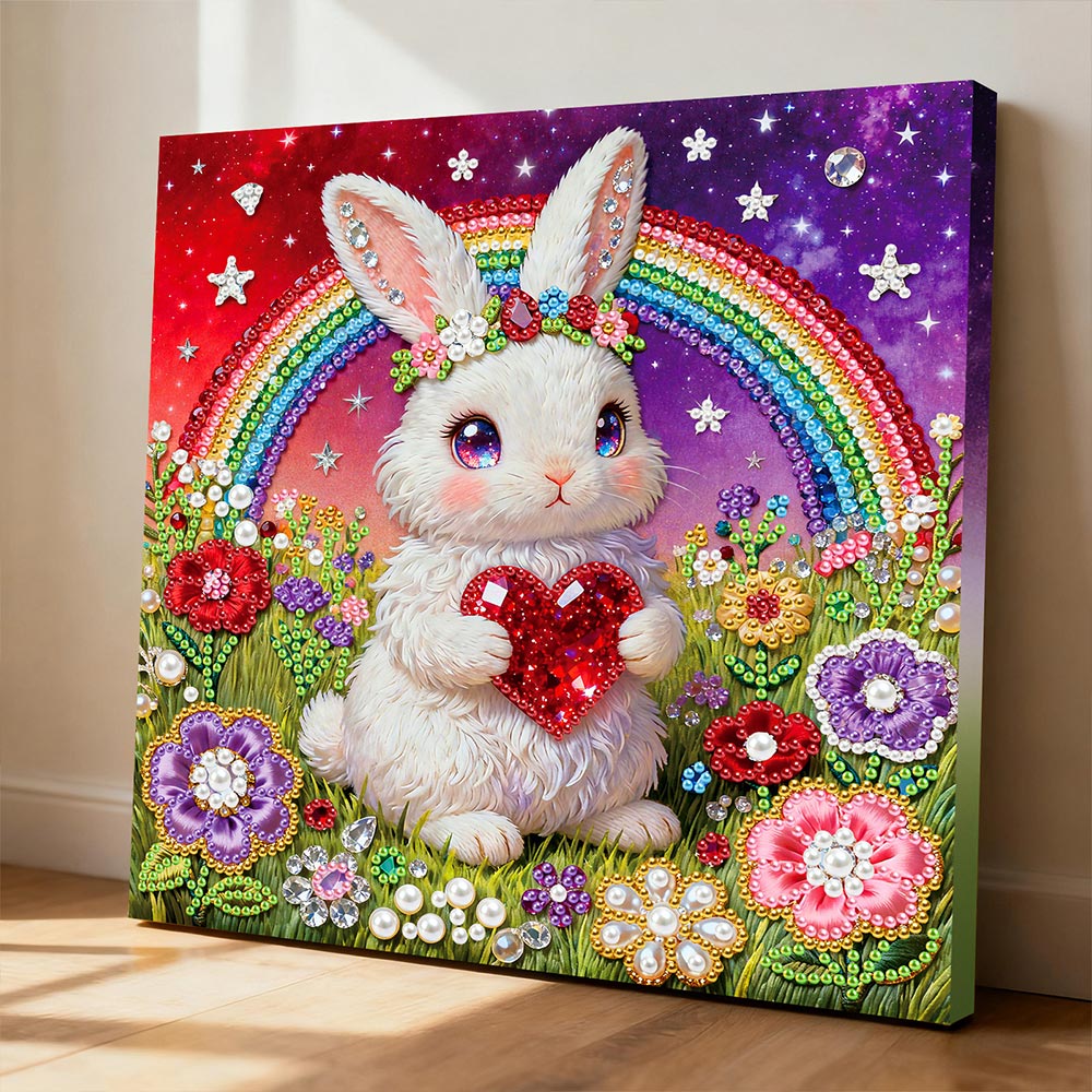 Diamond Painting | Pearl Painting | Rainbow and White Rabbit in the Flower Bushes