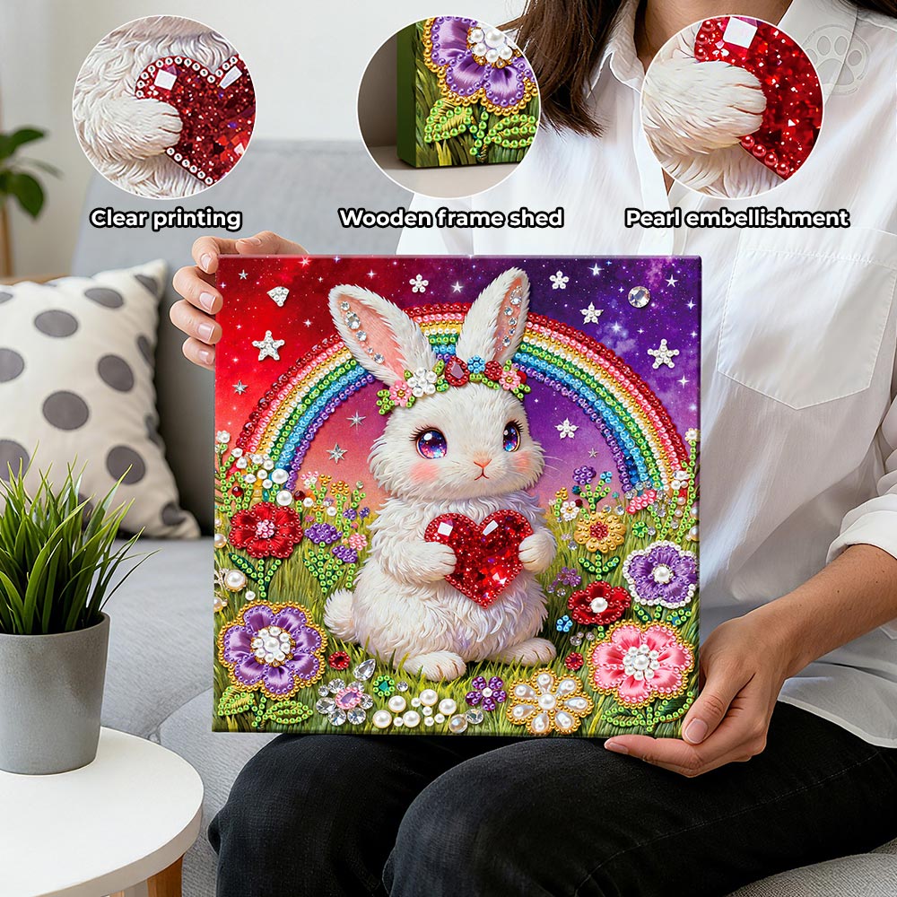 Diamond Painting | Pearl Painting | Rainbow and White Rabbit in the Flower Bushes