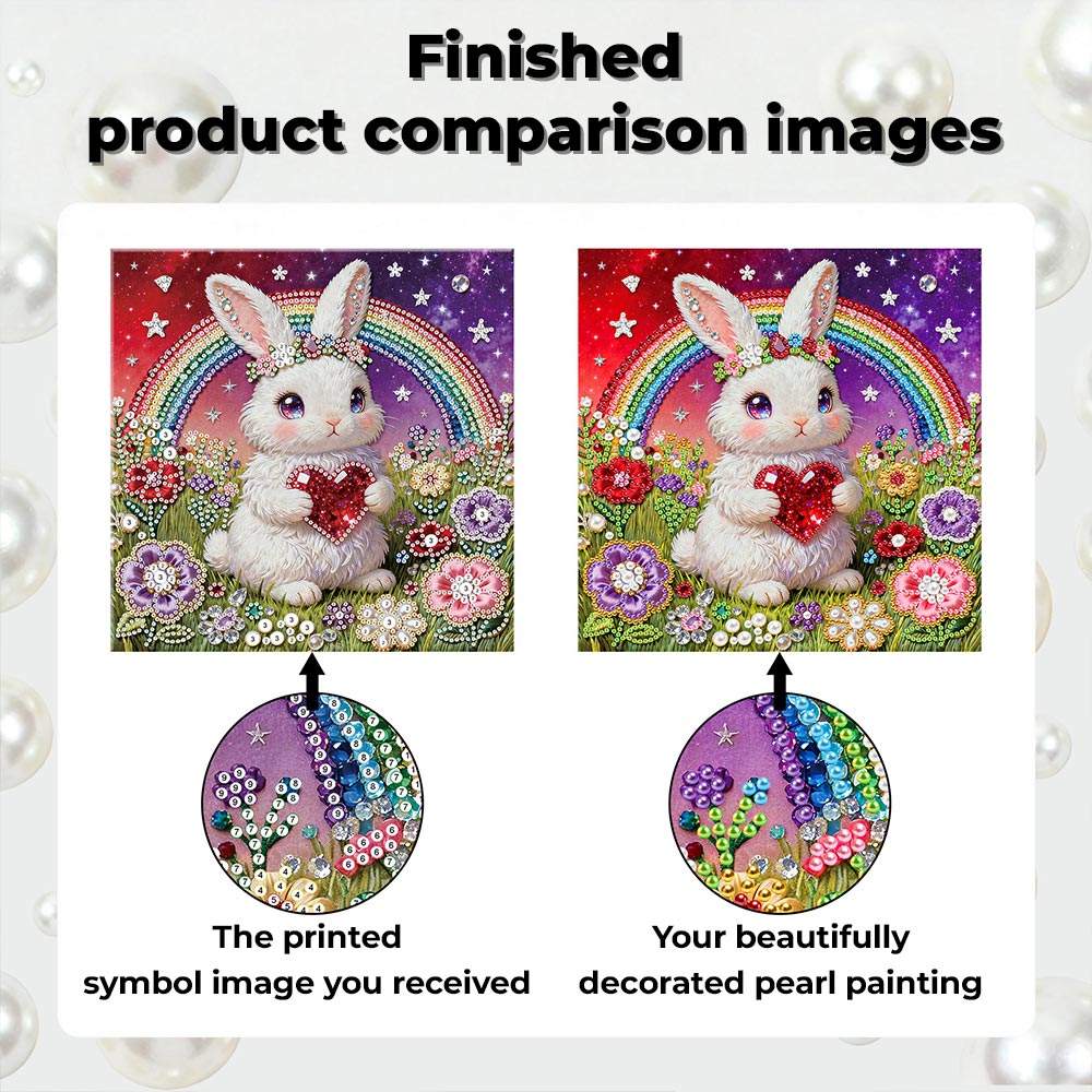 Diamond Painting | Pearl Painting | Rainbow and White Rabbit in the Flower Bushes