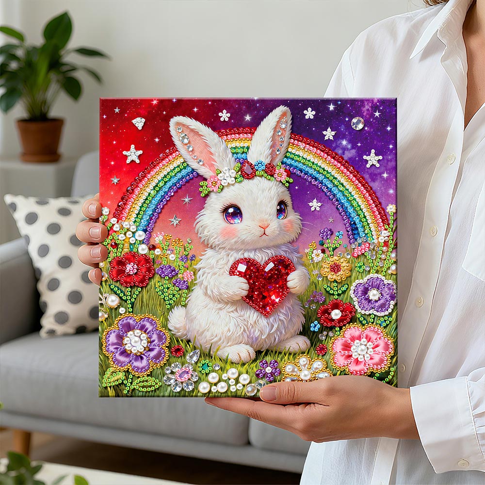 Diamond Painting | Pearl Painting | Rainbow and White Rabbit in the Flower Bushes