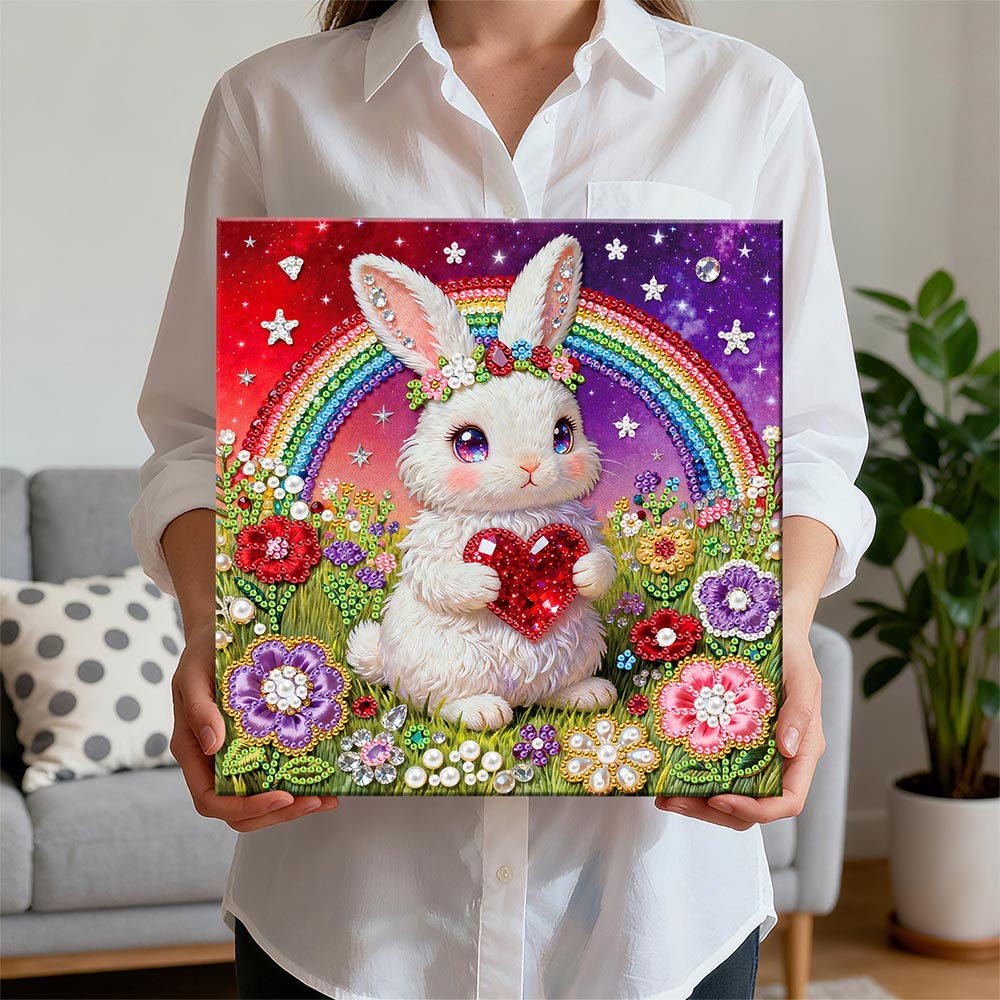 Diamond Painting | Pearl Painting | Rainbow and White Rabbit in the Flower Bushes