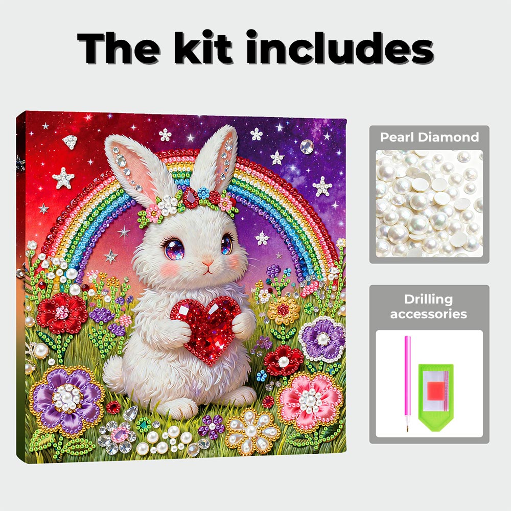 Diamond Painting | Pearl Painting | Rainbow and White Rabbit in the Flower Bushes