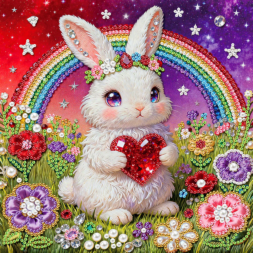 Diamond Painting | Pearl Painting | Rainbow and White Rabbit in the Flower Bushes