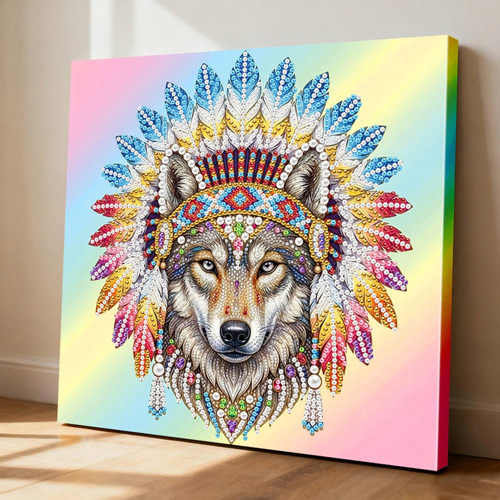 Diamond Painting | Pearl Painting | Tribal Wolf adorned with Feathers
