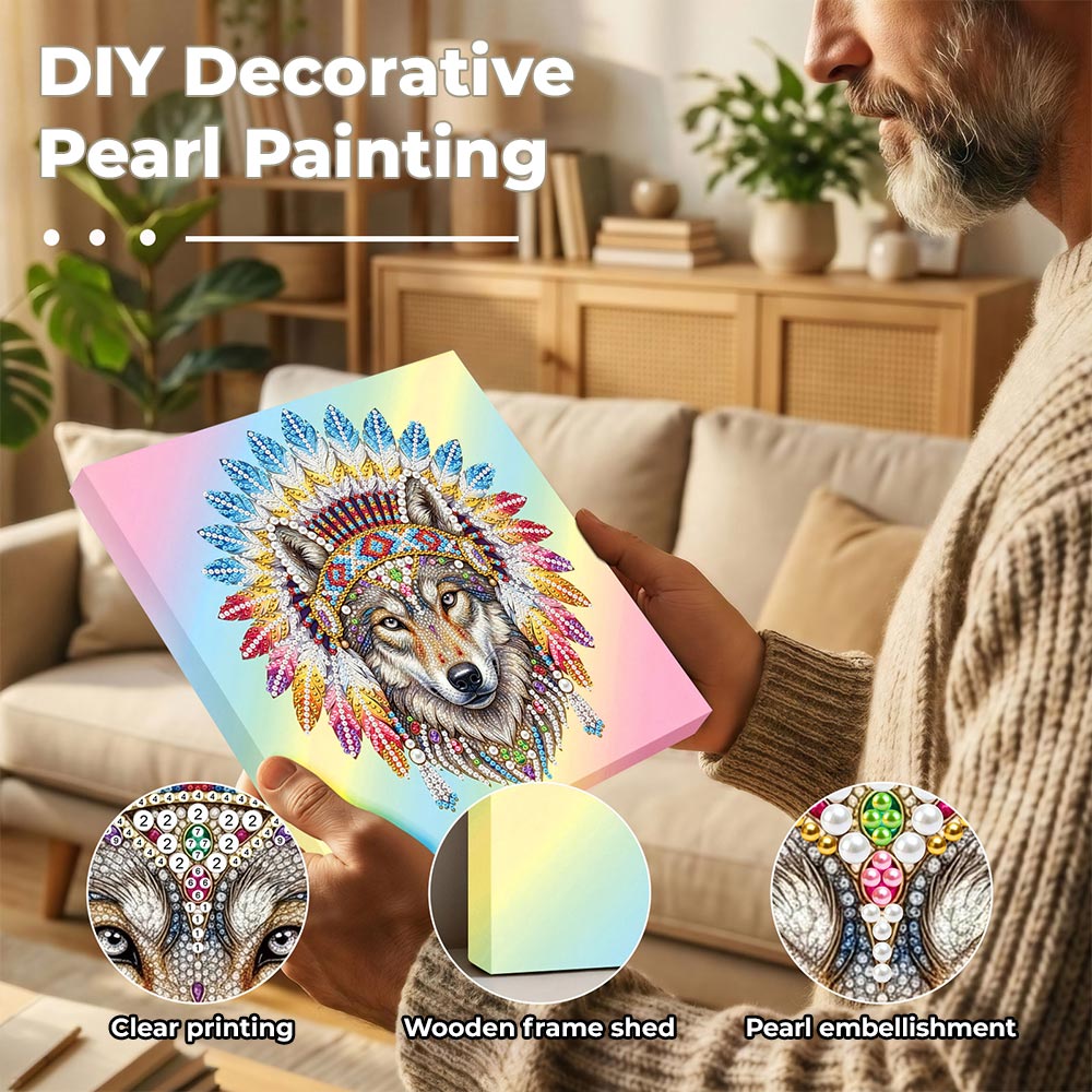 Diamond Painting | Pearl Painting | Tribal Wolf adorned with Feathers